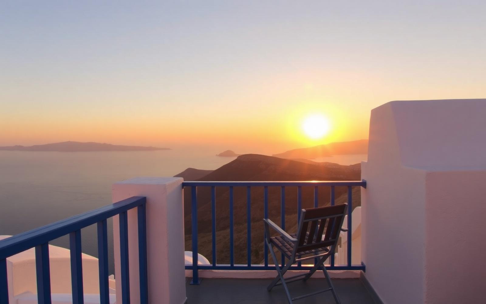 Private balcony at dusk, the Aegean turns to gold.