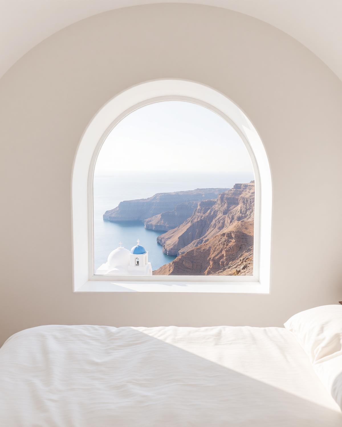 Caldera Sunset Suite, whitewashed calm above the volcano.
